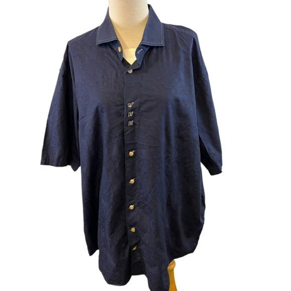 BOGOSSE Black Blue Floral‎ Paisley Print Button Down Short Sleeve Shirt (2XL)